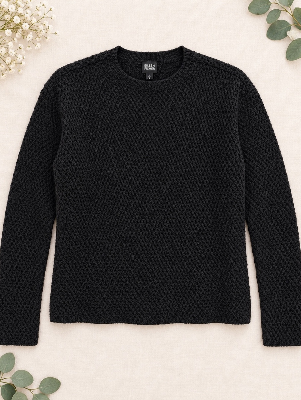 Eileen Fisher Black Textured Knit Sweater Large Classic